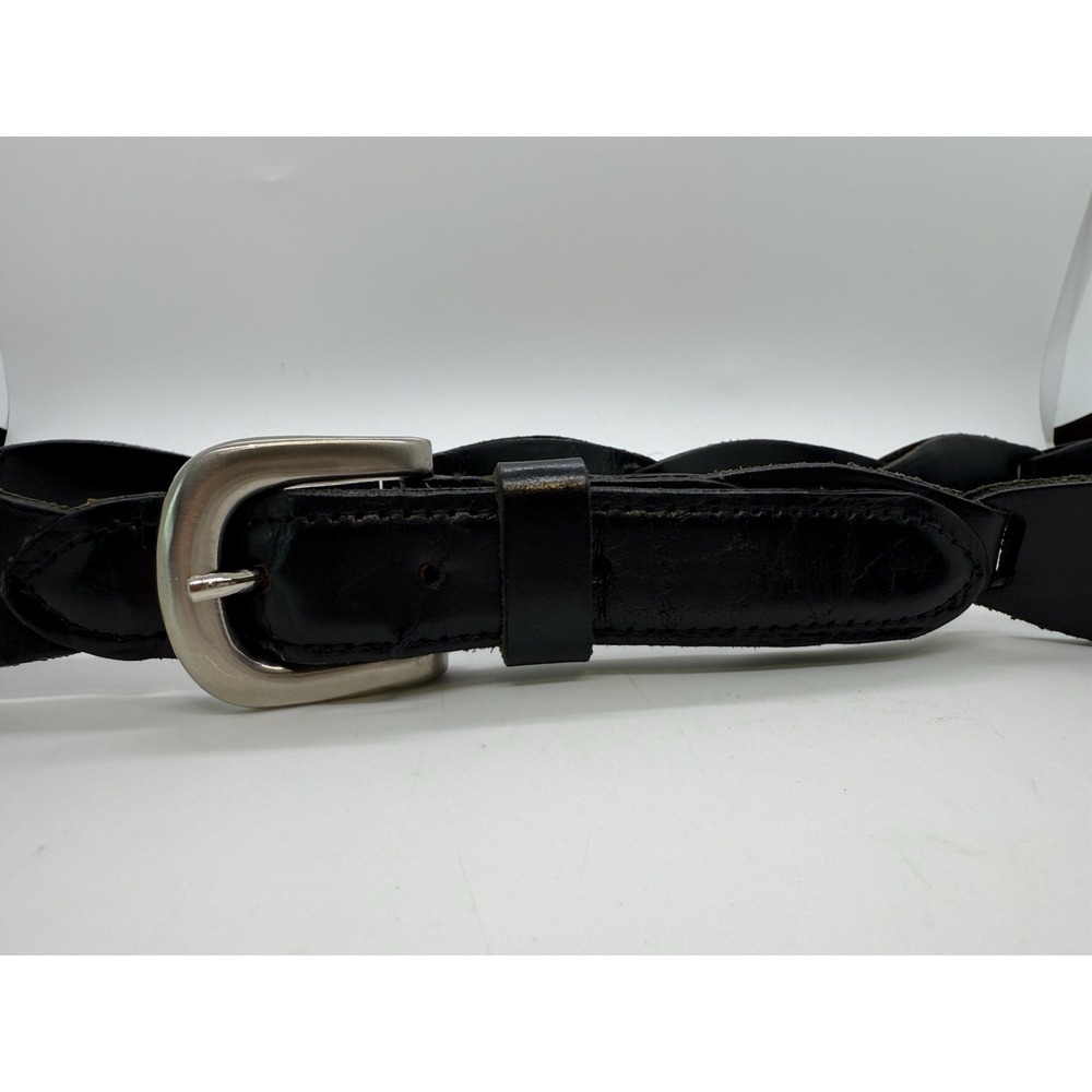Genuine Black Leather Scalloped Link Belt Silver Tone Hardware Made in India L